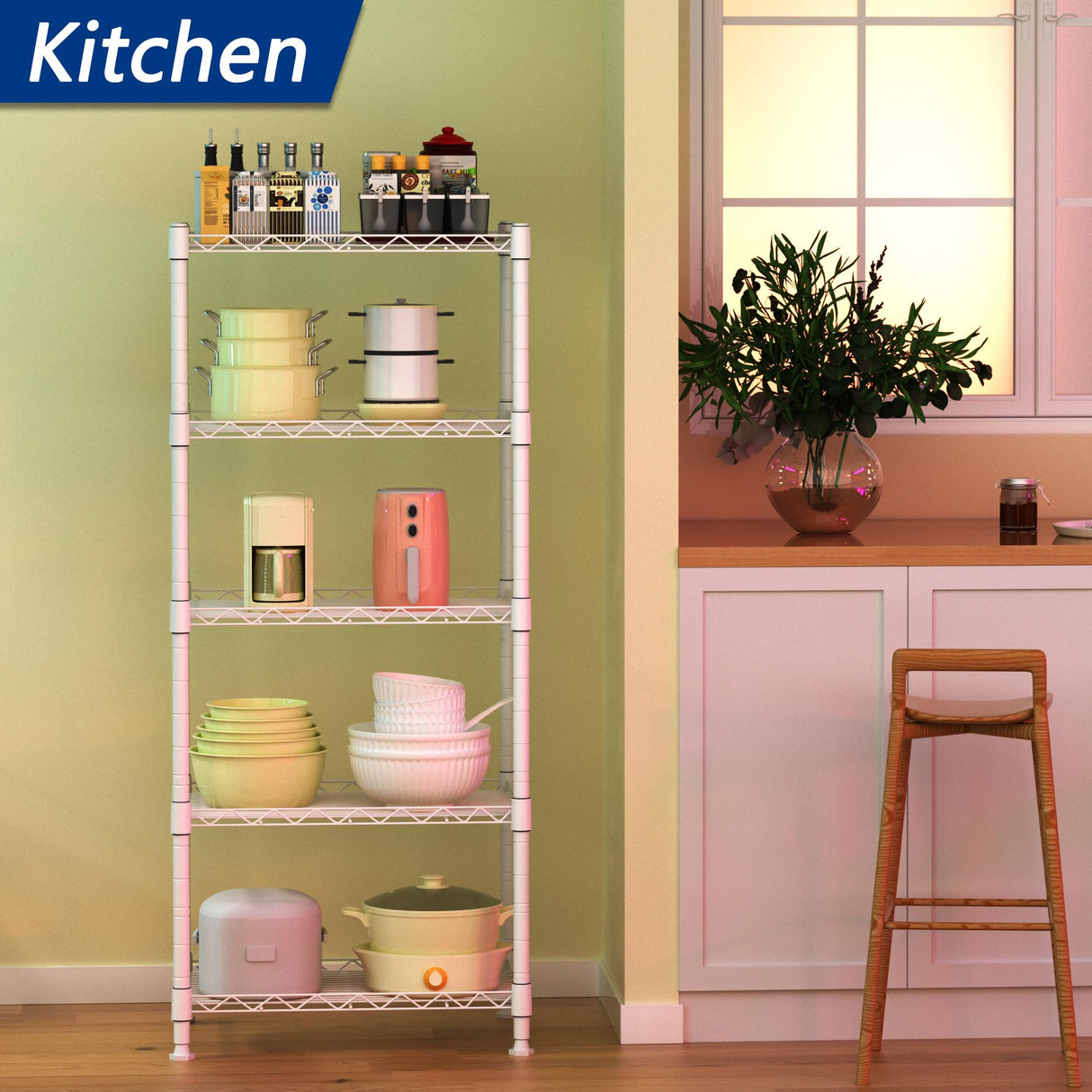 REGILLER 5-Wire Shelving Metal Storage Rack Adjustable Shelves,Standing Storage Shelf Units for Laundry Bathroom Kitchen Pantry Closet(White,11.8" D x 16.6" W x 53.5" H) REGILLER