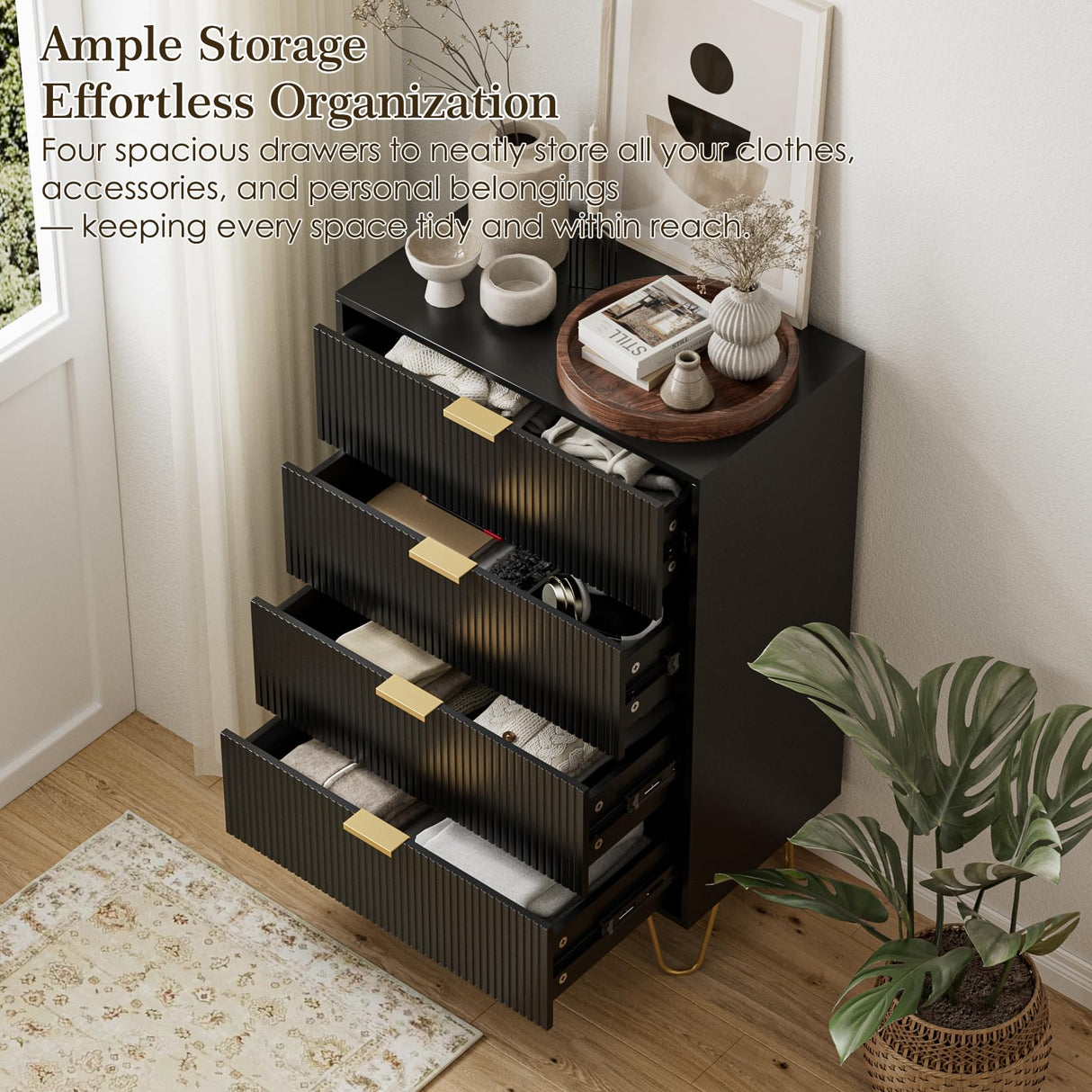 Masupu 4 Drawer Dresser, Drawer Chest, Tall Storage Chest Cabinet Organizer Unit with Metal Legs, Small Dresser for Bedroom, Living Room, Closet, Hallway Black Stripe Masupu