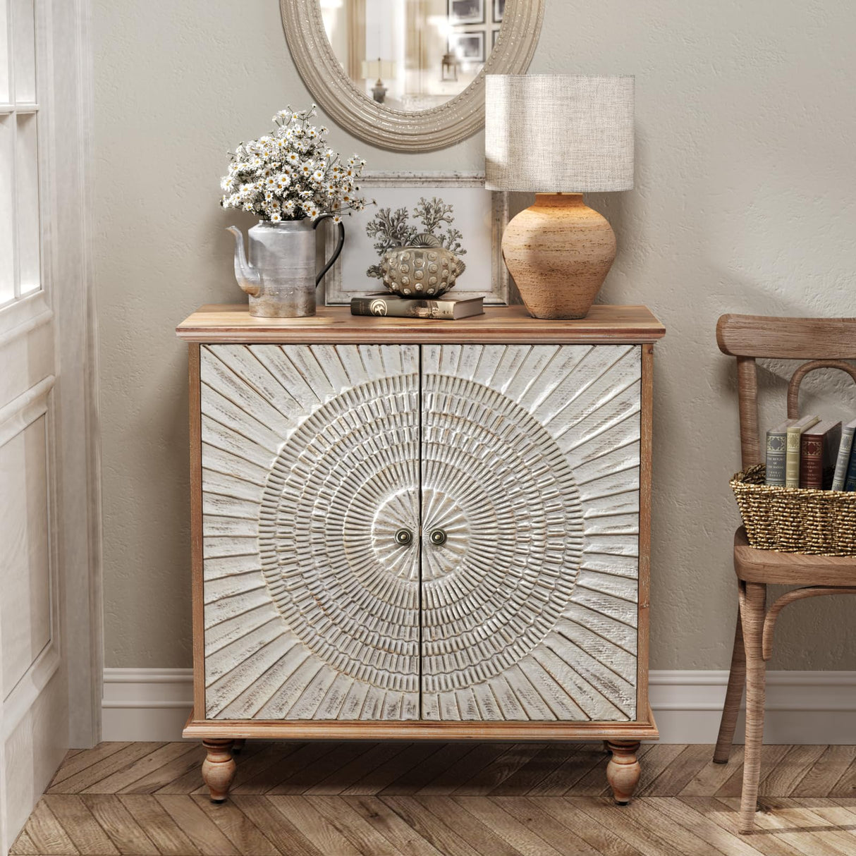 LOHDLE Carved Cabinet with 2 Door and Adjustable Shelf, Antique Wood Sideboard Buffet Storage Cabinet, Rustic Accent Cabinet Credenza for Living Room Entryway Bedroom (Rustic Brown) LOHDLE