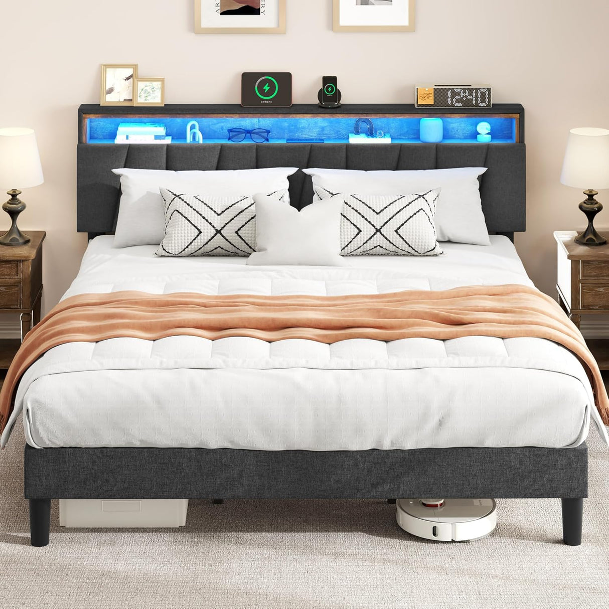 DWVO King Size Bed Frame with Storage Headboard, Upholstered Bed Frame with LED Lights, Platform Bed with Charging Station, No Box Spring Needed, Easy Assembly, Grey DWVO