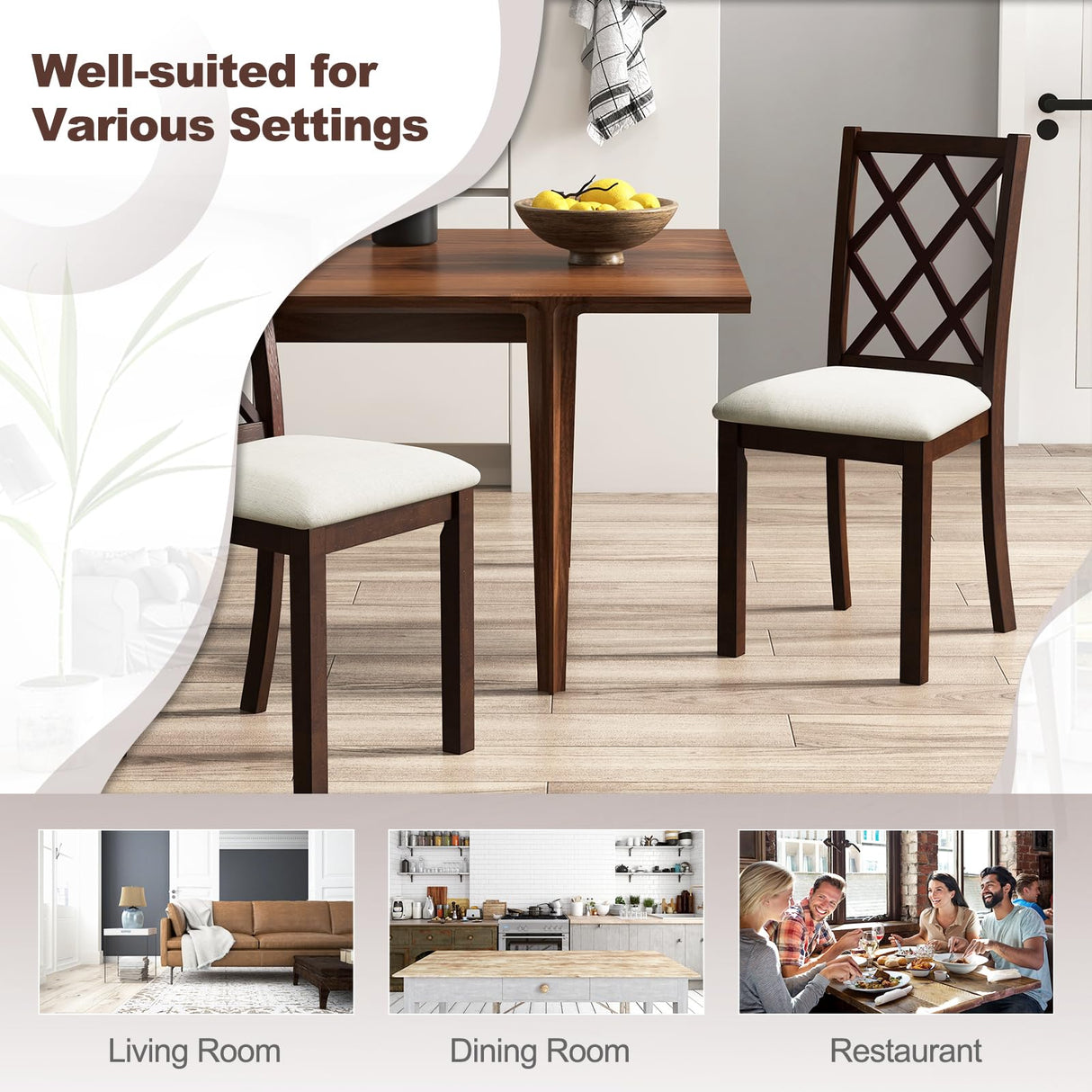 Giantex Wood Dining Chairs Set of 2, Farmhouse Kitchen Chair with Rubber Wood Legs, Max Load 400 Lbs, Armless Wooden Dining Side Chairs w/Cushion Seat, High Back Upholstered Dining Room Chair, Walnut Giantex