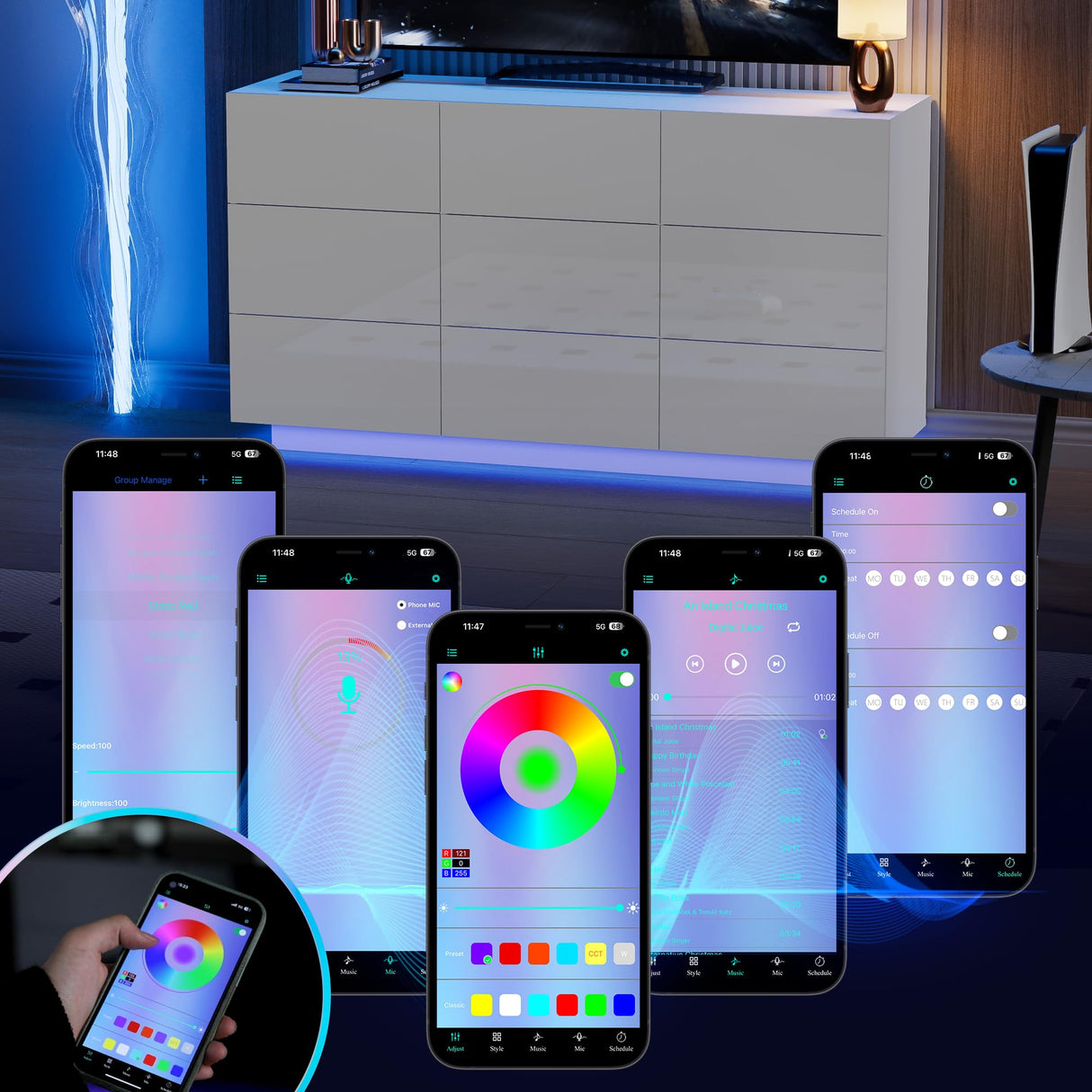 Anbuy LED 9 Drawer Dresser, White Modern Dressers with High Gloss Drawers Dual Chest of Drawers Dresser with Lights for Bedroom (White) Anbuy