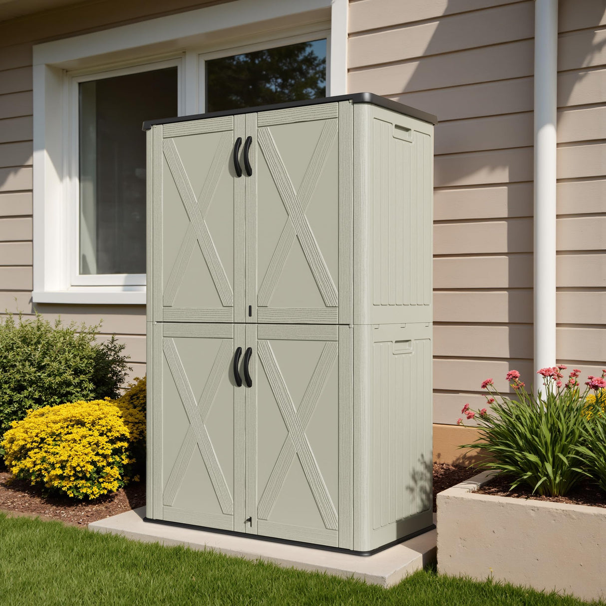 Devoko 50 cu.ft Outdoor Storage Cabinet - Vertical Resin Storage Shed - Holds Patio Furniture, Pool Toys, Garden Tools (Beige) Shelf Not Included Devoko