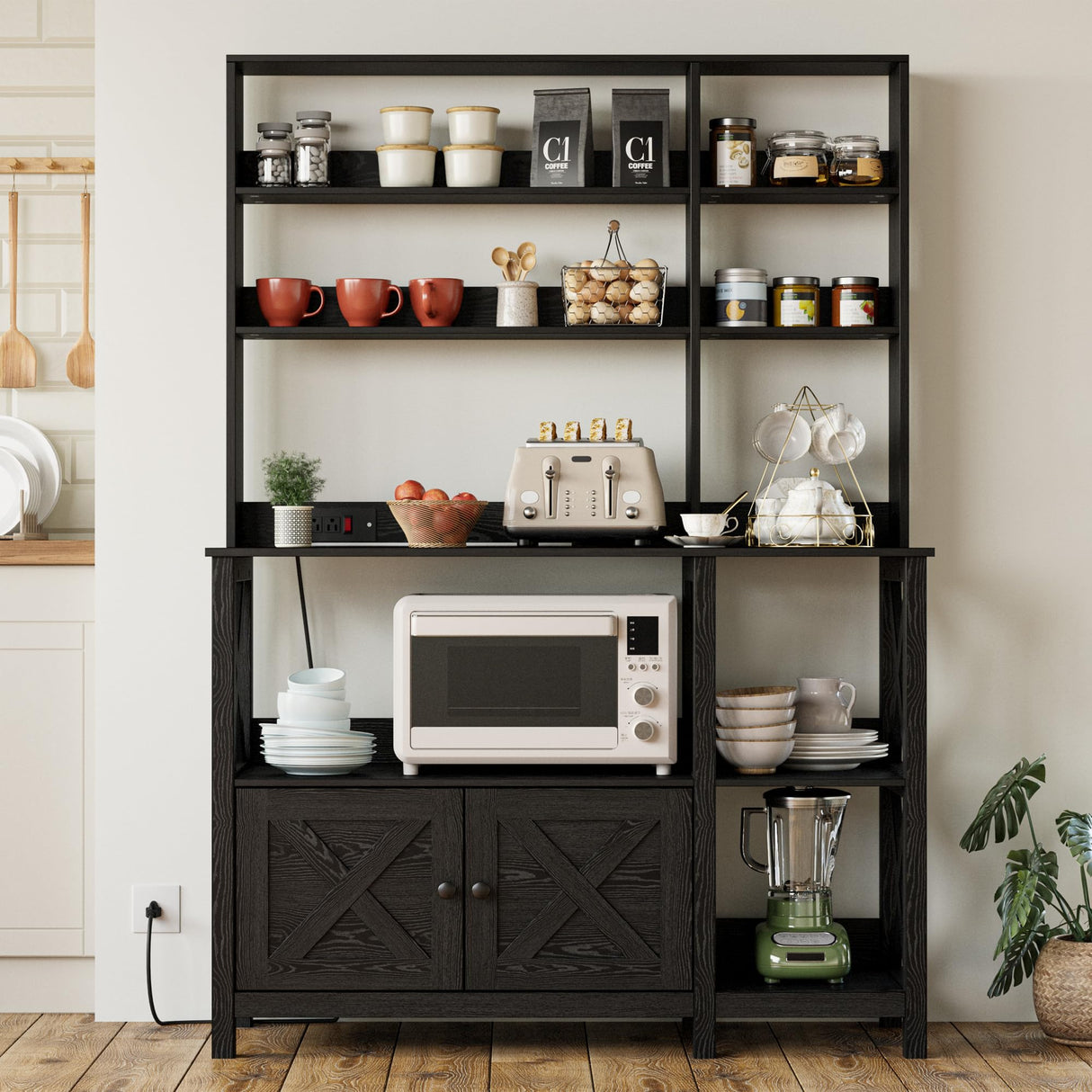 IRONCK Bakers Rack with Power Outlet, 45in Wide Coffee Bar Cabinet with Storage, 6-Tier Kitchen Storage with Doors, Microwave Stand for Kitchen, Dining Room IRONCK