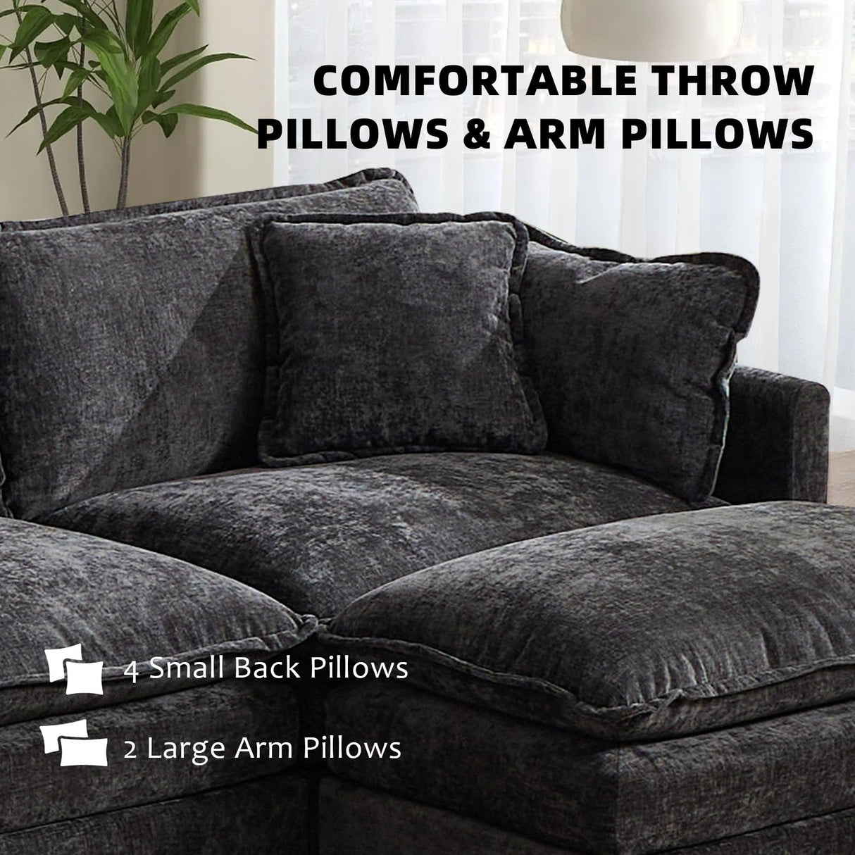 Oversized 149.6" Modular Sectional Sofa - 4 Seater Convertible Chenille Deep Seat Cloud Couch with Ottoman & Pillows for Small Space, Black SoarTalent