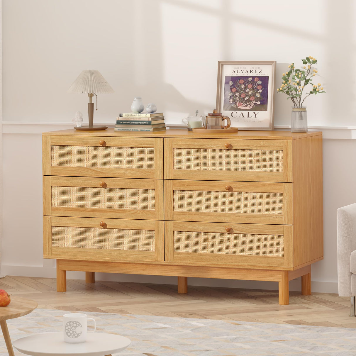 EazeHome 6 Drawer Rattan Dresser for Bedroom, 48” Wide Chest of Drawers, Natural Wooden Handmade Woven Dresser, Boho Storage Organizer for Closet, Living Room and Entryway EazeHome