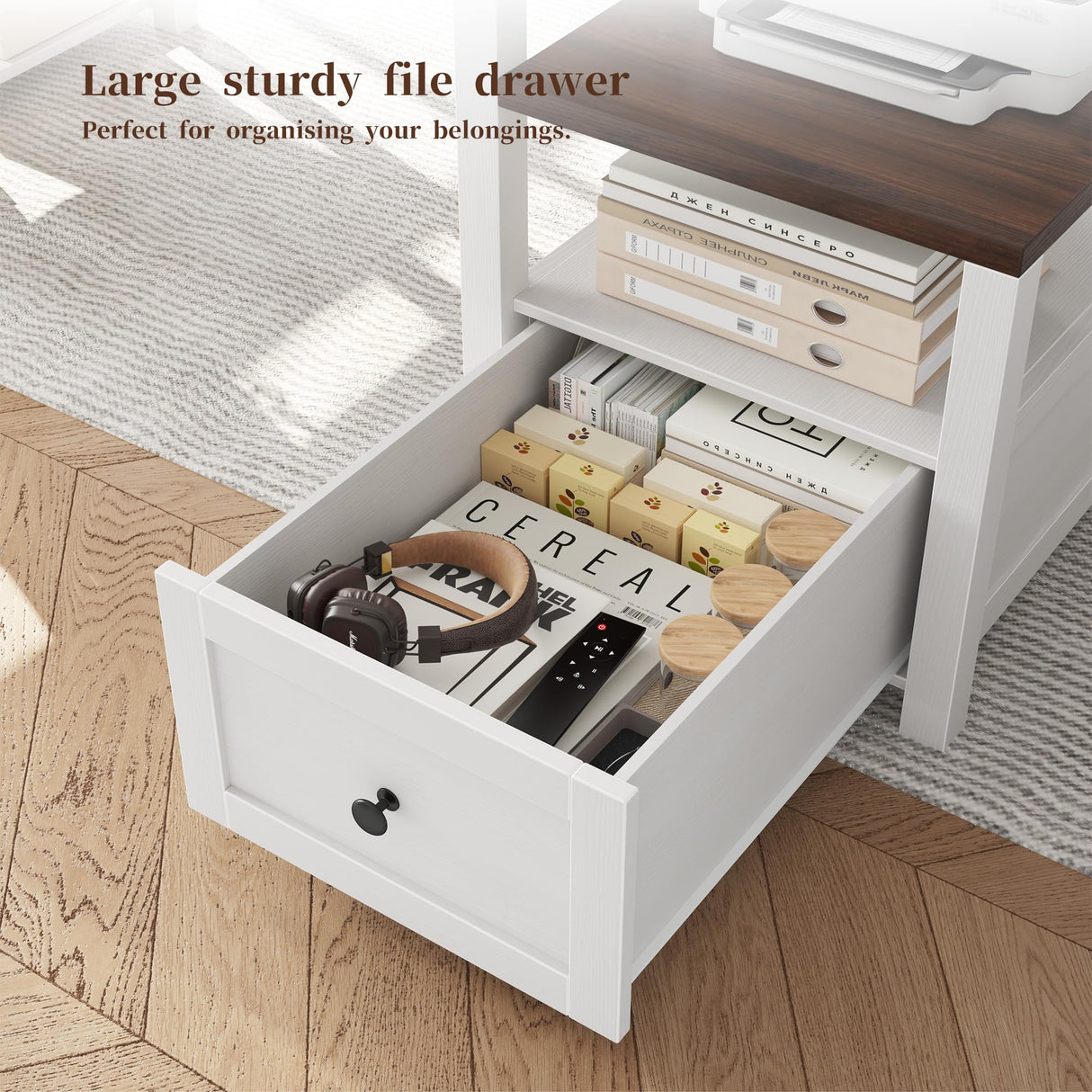 EnHomee 63" Farmhouse Style Computer Desk with Drawers and LED Lights, Storage Shelves and Power Outlets, Home Office Desks with Long Monitor Stand for Work, Study, Writing, Antique White. EnHomee