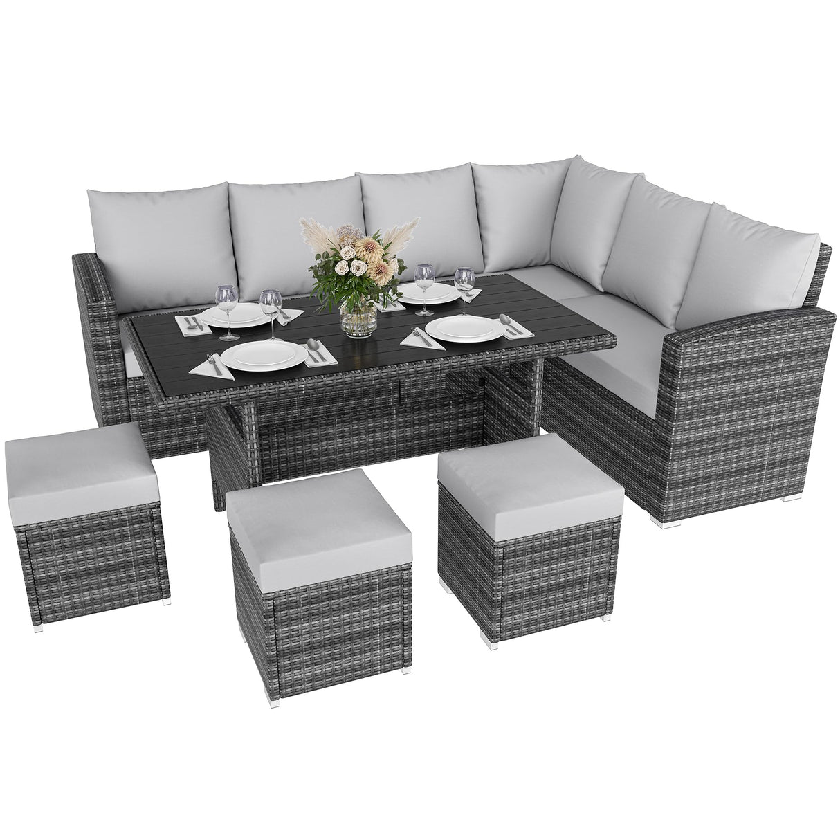 IDEALHOUSE 7 Pieces Outdoor Dining Set,Patio Sectional Sofa Conversation Set All Weather Wicker Rattan Couch Dining Table & Chair with Ottoman (Grey Rattan + Grey Cushions) IDEALHOUSE