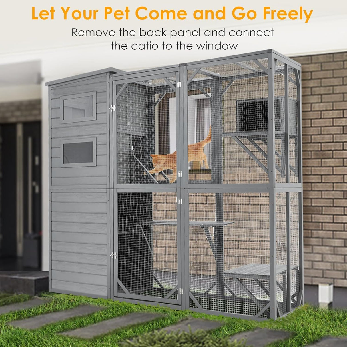 YDTOP Large Catio 4 Tiers Cat Enclosure House for Multiple Indoor Outdoor Cats with Weatherproof Roof, 4 Resting Rooms, 4 Platforms, 5 Windows, 70" H 32" W 77" L, Grey Green YDTOP