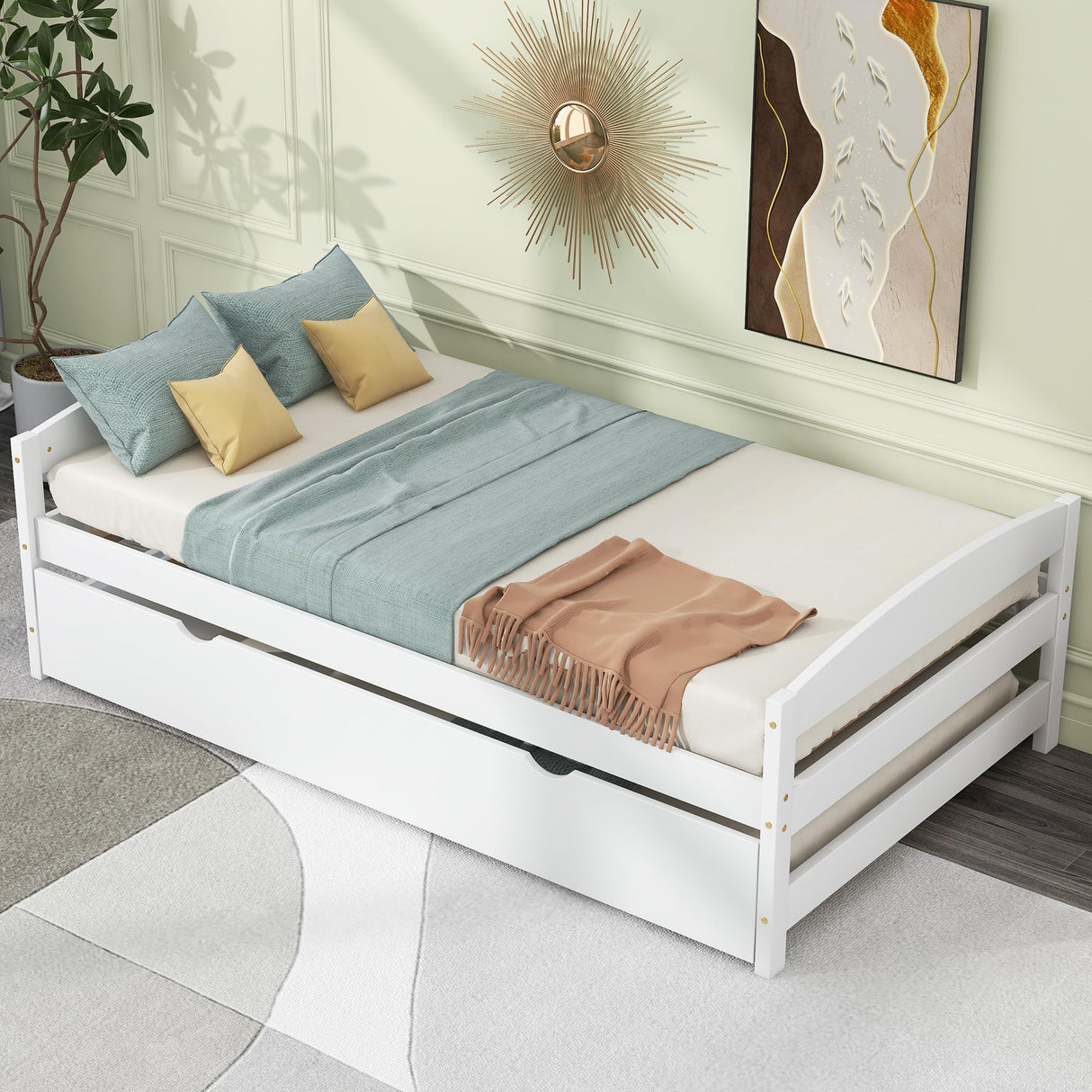 Merax Twin Size Platform Pine Wood Bed Frame with Twin Size Trundle for Boys and Girls,White Merax