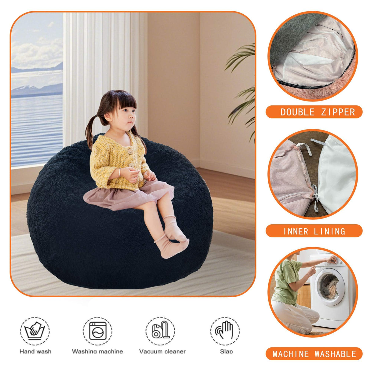 BCU Bean Bag Chair Cover Ultra Soft Fluffy Faux Fur Beanbag Cover Plush Living Room Chairs Cover for Adults and Kids, Grey BCU