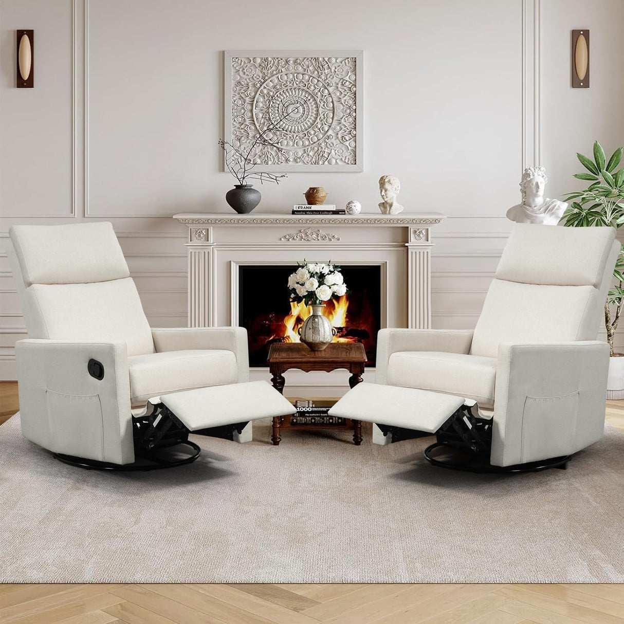 LONWIK Swivel Rocker Recliner Chair, Upholstered Fabric Nursery Rocking Glider Chair with Adjustable Backrest and Footrest, Lay Flat Recliner Single Lazy Sofa for Living Room(Beige) LONWIK