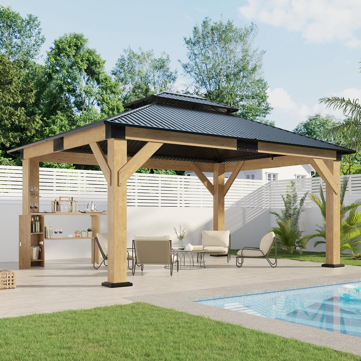 AMERLIFE 13x15 Hardtop Gazebo, Spruce Wood Gazebo with Storage Bar Counter, Outdoor Pavilion with Double Iron Roof, for Patio, Lawns, Garage, Black + Natural Wood AMERLIFE