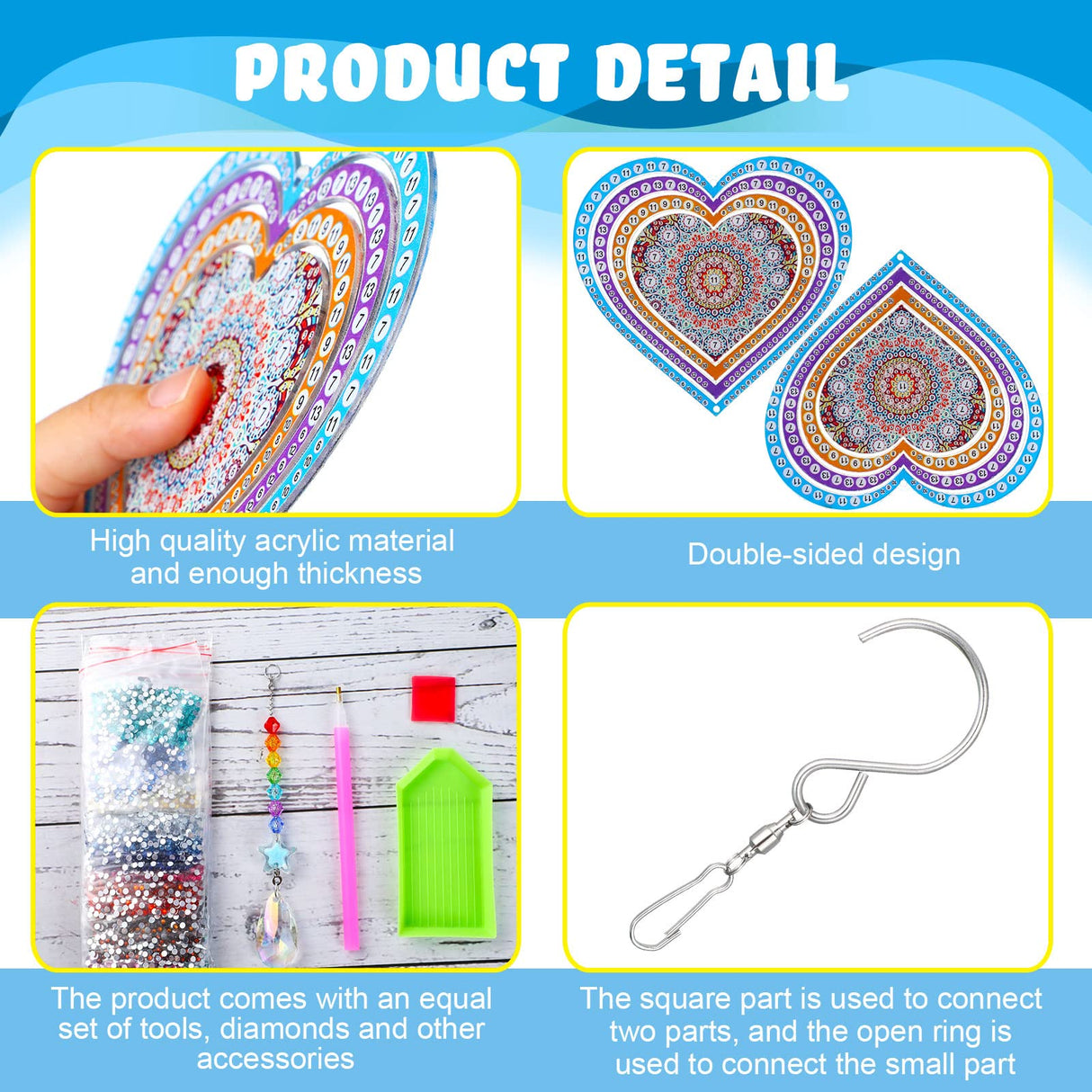 Queekay 2 Pieces 3D Diamond Painting Wind Chime Diamond Art Suncatcher Kits Three Dimensional by Number Hanging Ornament Double Sided Crystal Suncatcher Window Decor for Home Wall Garden(Heart) Queekay