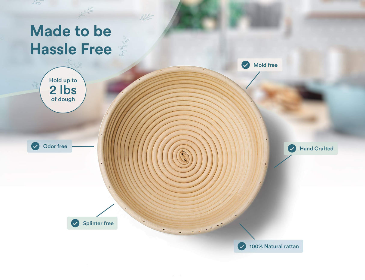 Kook Proofing Set, Sourdough Bread, 2 Rattan 9 Inch Banneton Baskets, 2 Basket Covers, Metal Scraper, Plastic Scraper, Scoring Lame, 5 Blades and Case, Baking Kit, Dough Bowls, Round Shape KooK