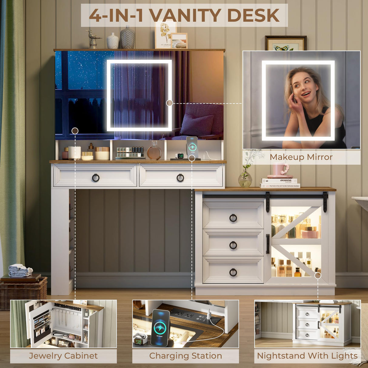 LVSOMT Vanity Desk with Mirror and Lights, Large Farmhouse Makeup Desk with 5 Drawers and Jewelry Storage, 60" Glass Top Dressing Table with Power Outlet & Adjustable Cabinet for Bedroom, White/Brown LVSOMT