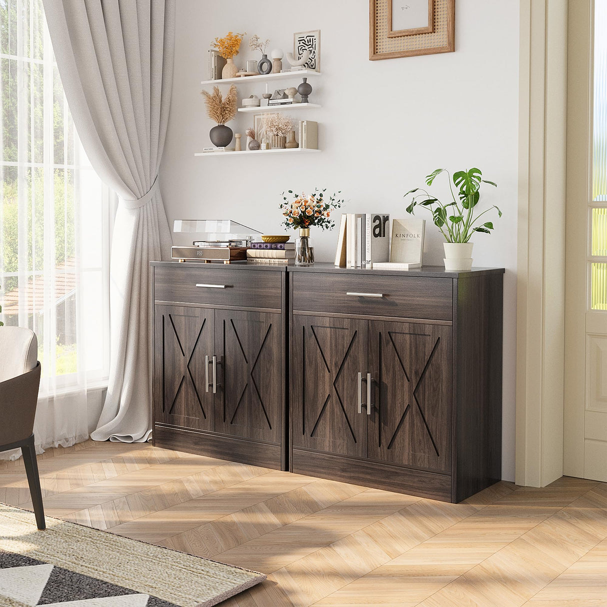 Shintenchi Farmhouse Storage Cabinets with doors and shelves,kitchen Barn Door storage cabinet with drawers,Coffee Bar Cabinet Buffest Sideboard for Dining Living Room,Bathroom,Entryway,Dark Brown Shintenchi