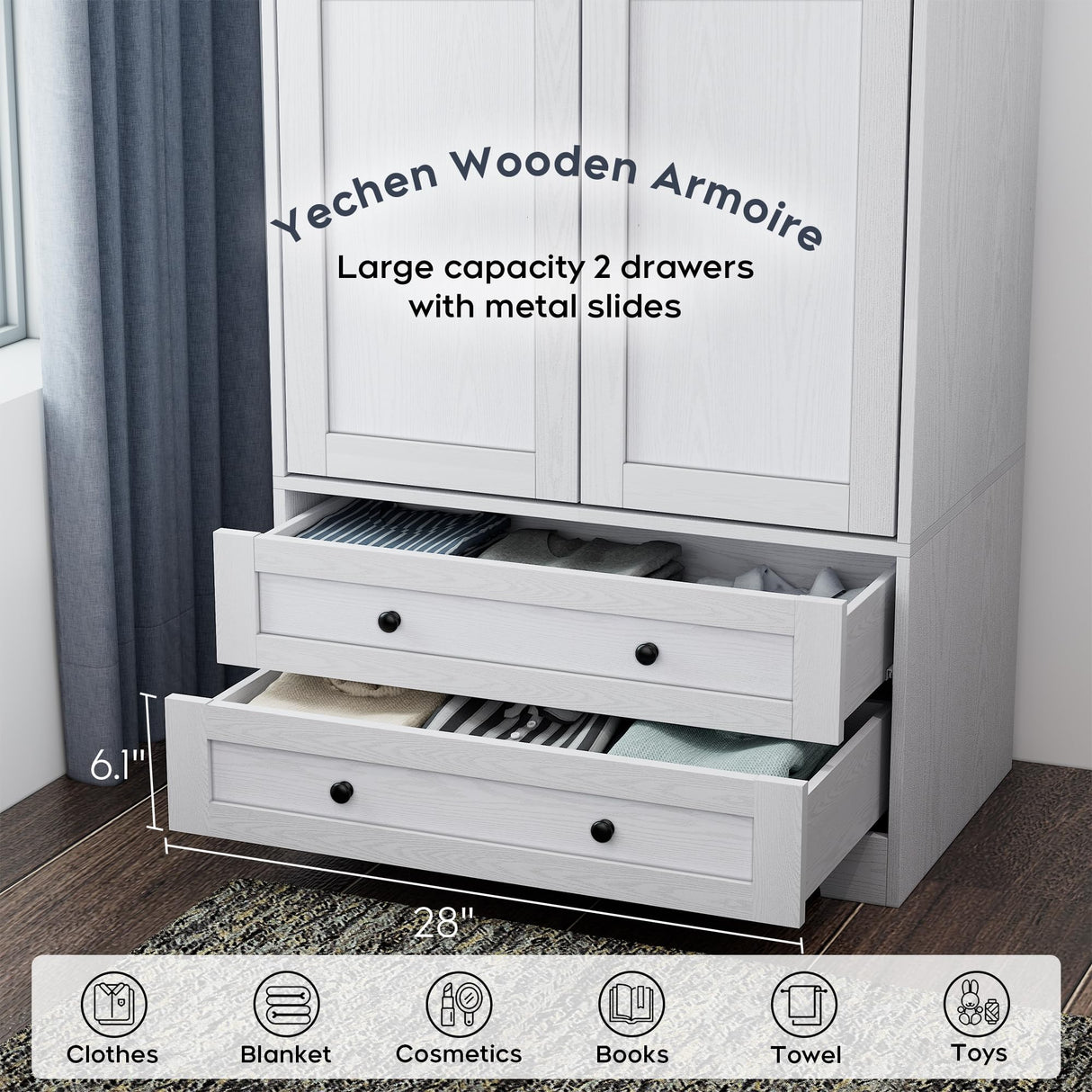 Yechen 71" Wooden Armoire Wardrobe Closet - Modern Functional Clothes Tall Storage Cabinet with Adjustable Shelf and Hanging Rail, Sturdy Freestanding Closet Wardrobe with 2 Wide Drawers for Bedroom Yechen