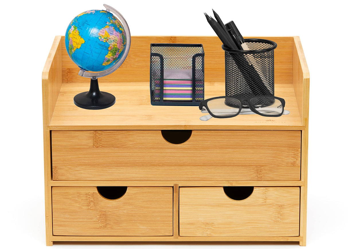 RoyalHouse Premium Natural Bamboo Desktop Organizer, Attractive Design 3 Tier, Table Top Storage for Documents & Office Supplies, Accessories And More, No Assembly Required (3 Drawer with Shelf) RoyalHouse