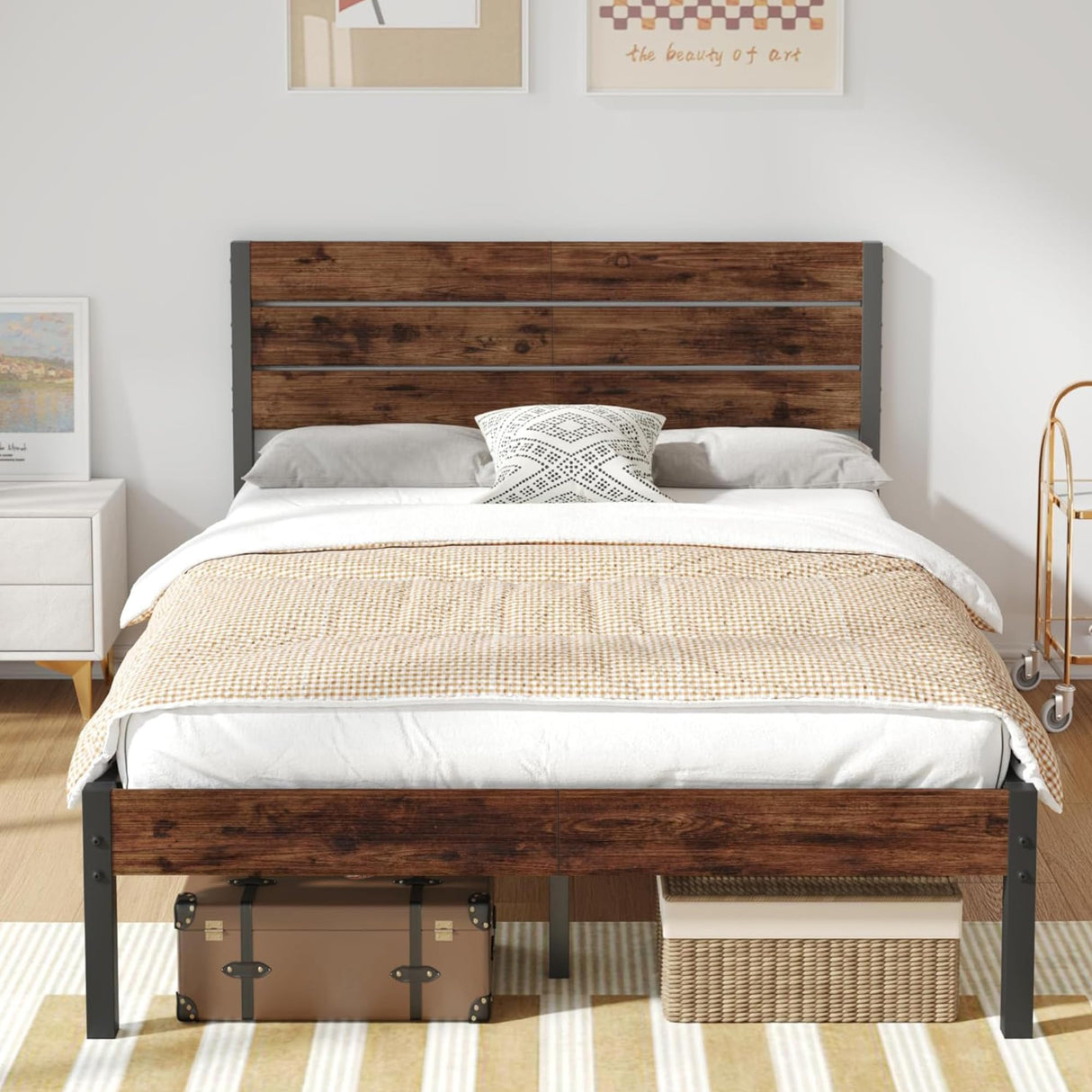 Fluest Full Bed Frame with Headboard and Footboard, Metal Full Bed Frame with Under Bed Storage, All-Metal Support System, No Box Spring Needed, Easy Assembly,Rustic Brown Fluest