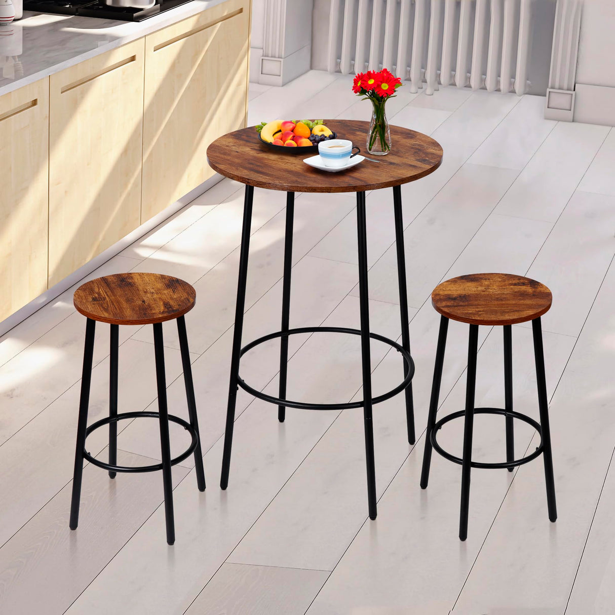 SUPER DEAL Round Pub Dining Set, 3 Piece Small Kitchen Table Set with 2 Counter Height Wood Bar Stools for Kitchen Breakfast, Living Room, Small Space, Rustic Brown SUPER DEAL