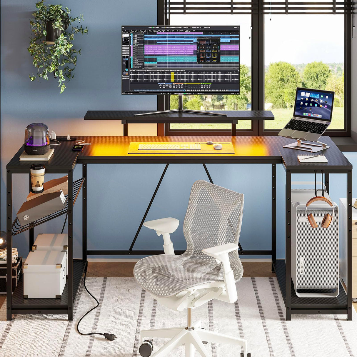 Bestier Gaming Desk with LED Lights & Power Outlets, 63 inch U Shaped Computer Desk with Monitor Stand & Storage Shelves, PC Desk with Cup Holder & Hook for Home Office, Black 3D Carbon Fiber Bestier