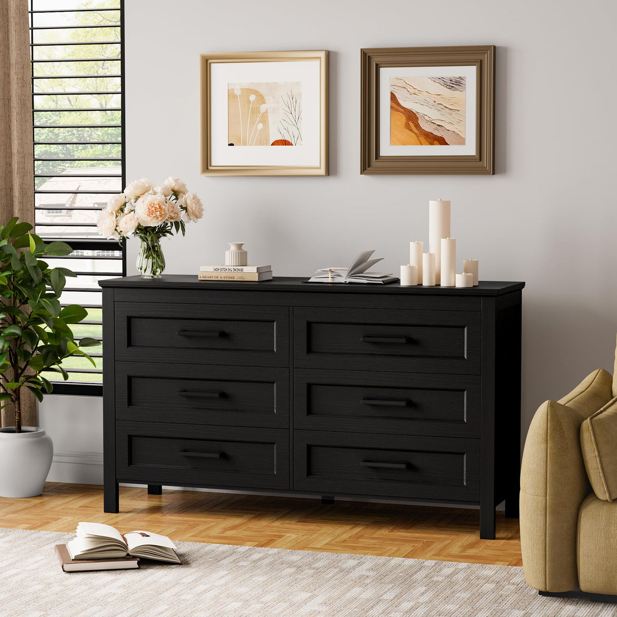 YESHOMY Black Dresser for Bedroom, Wooden 6 Drawer Dresser, Closet Storage Organizer Chest of Drawers for Living Room, Hallway, Closet