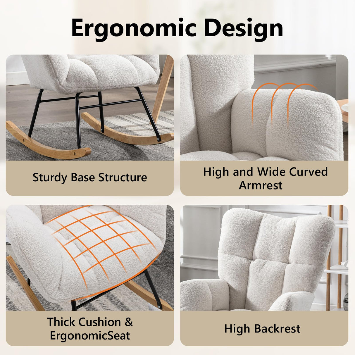 NIOIIKIT Nursery Rocking Chair Teddy Upholstered Glider Rocker Rocking Accent Chair Padded Seat with High Backrest Armchair Comfy Side Chair for Living Room Bedroom Offices (Ivory Teddy) NIOIIKIT