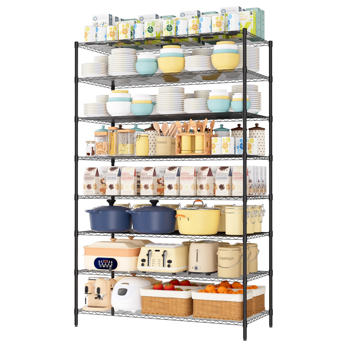 Finnhomy 4000LBS 8-Tier Wire Shelving Unit Adjustable Steel Wire Rack, 24x48x80.2 Inches 8 Shelves Metal Rack, Pantry Shelves for Storage, Metal Garage Shelving with 1" Pole, NSF Certified, Black Finnhomy