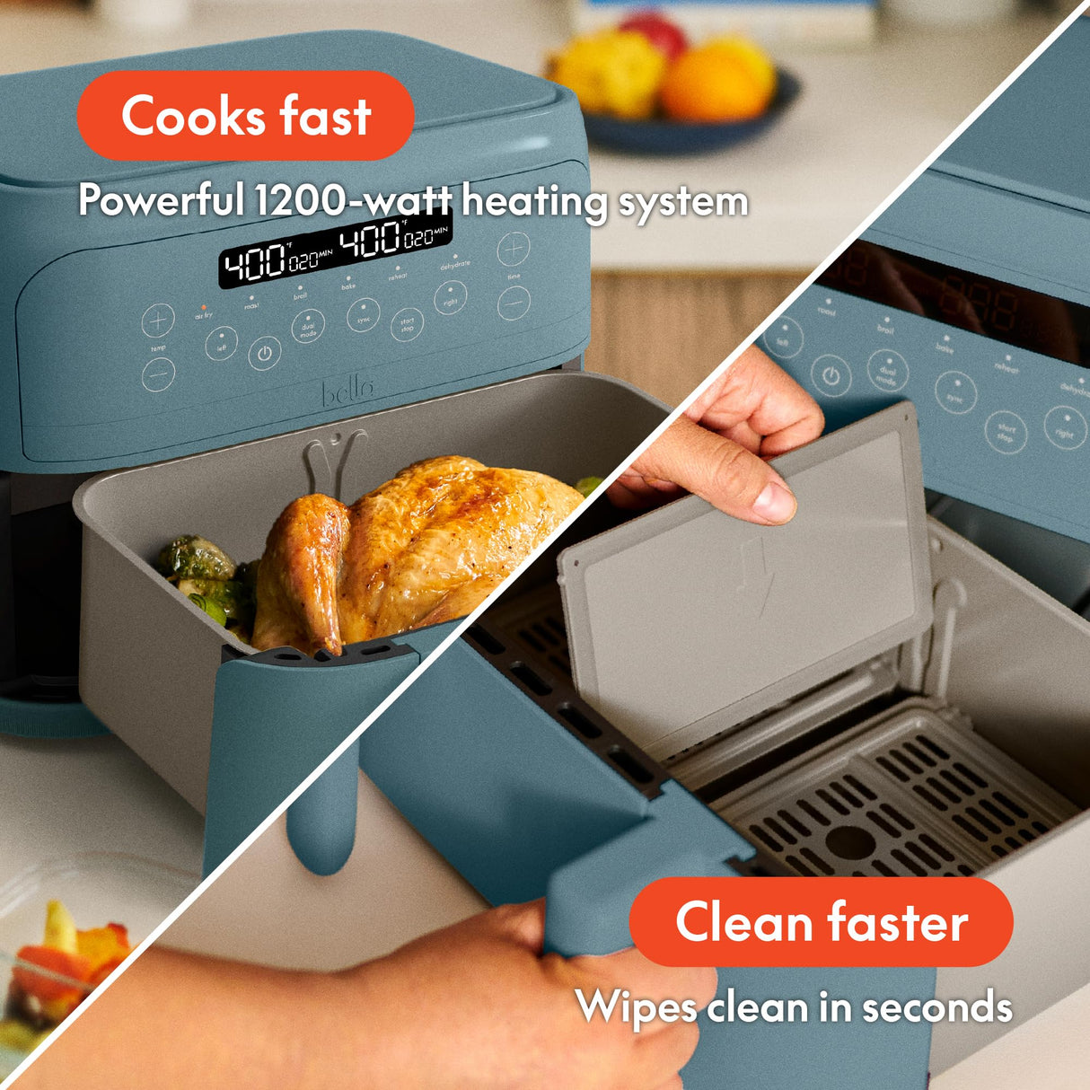 bella 4 Qt TriZone Air Fryer, EverGood™ Ceramic Nonstick Coating, Dual Basket Design w Removable Divider, Digital Touchscreen Control w 6 Preset Cooking Options, 1200 Watt, 3lb Capacity, Surf BELLA