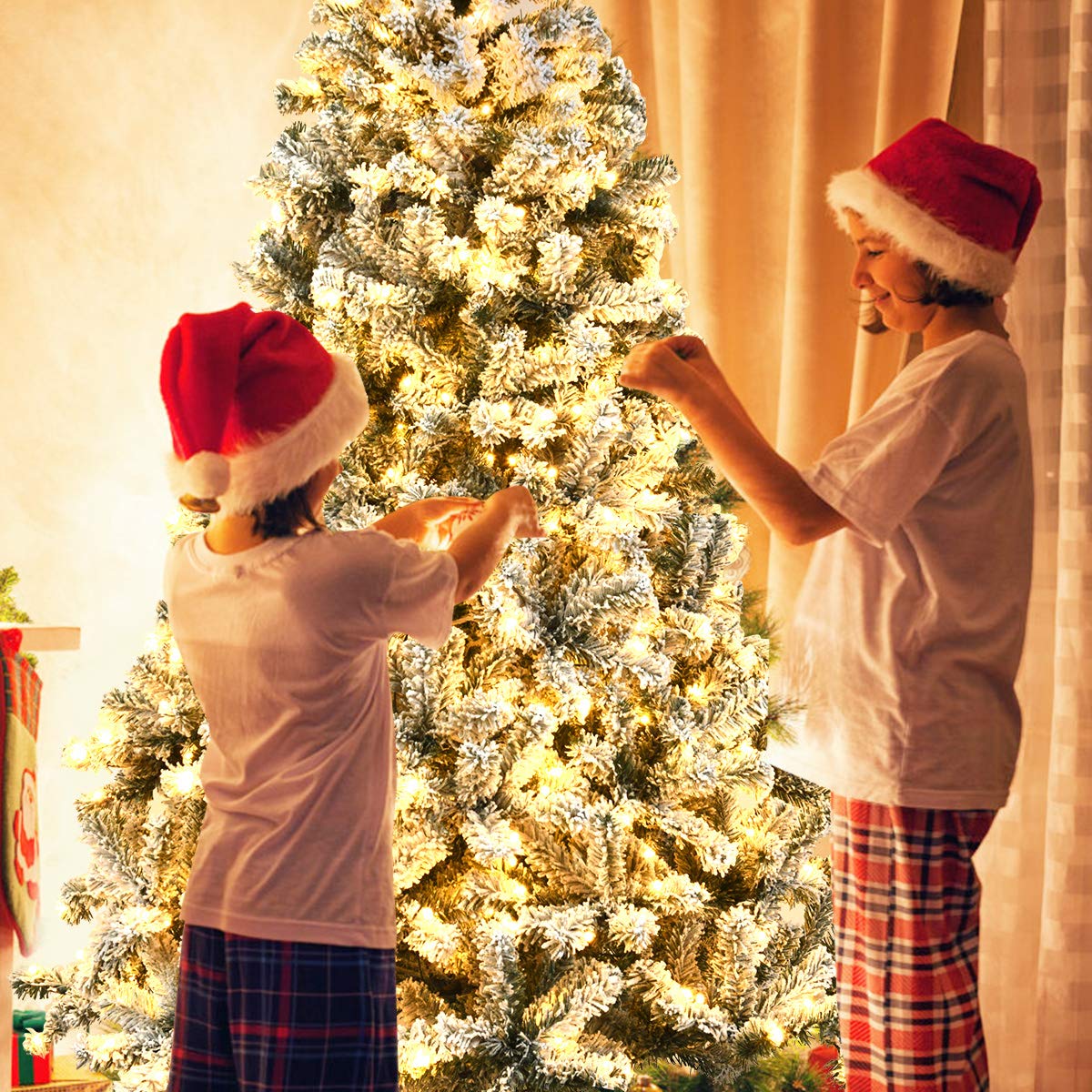 COSTWAY 9 FT Pre-Lit Christmas Tree, Snow Flocked Hinged Xmas Tree with 1498 Branches Tips & 550 LED Lights, Metal Stand, Artificial Pine Lighted Holiday Tree for Home Office Decorations COSTWAY