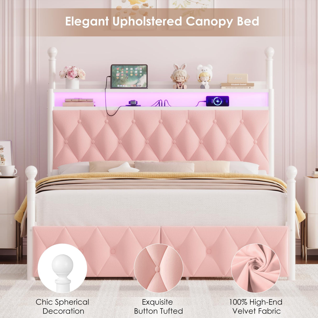 HIFIT Full Size Upholstered LED Canopy Bed Frame with Storage and Charging Station, Button Tufted Storage Headboard with Bookshelf, Two-Use Metal Platform Bed with 4 Removable Posts & 2 Drawers, Pink HIFIT