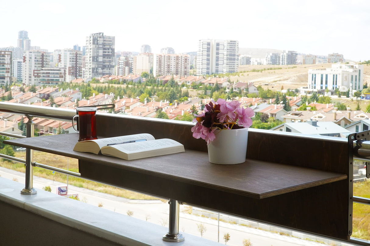 Balcony Bar Table for Railings, Outdoor Folding Deck Rail Table for Patio, Balcony Hanging Desk for Many Railings Compatible, Wooden Bar Serving Table for Porch (Walnut, L: 39.5 x 11.8 inches) GENESIS WOODESIGN