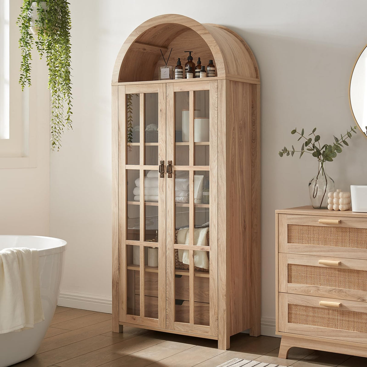 71" Tall Arched Kitchen Pantry Storage Cabinet with Glass Doors, 5 Tier Modern Bookshelf with 2 Drawers, Wooden Storage Cabinet with Doors and Shelves for Living & Dining Room, Bathroom, Laundry Room Okvnbjk