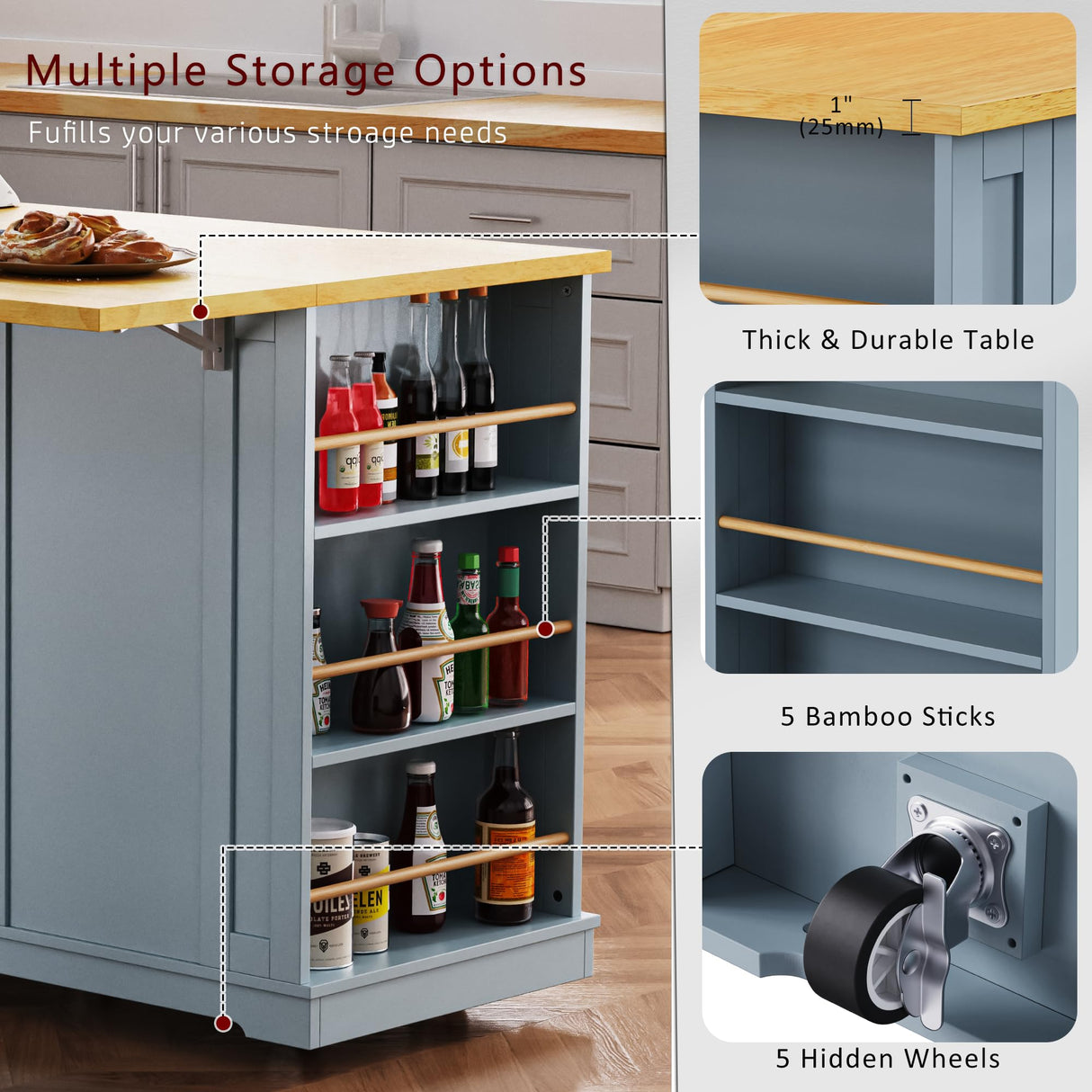 Yayzy Rolling Kitchen Island with 2 Bar Stools, Drop Leaf & Power Outlet, Large Kitchen Islands Cart on Wheels, Movable Island with 5 Open Shelves & Towel Rack for Dining Room, 53″, Grey Blue Yayzy