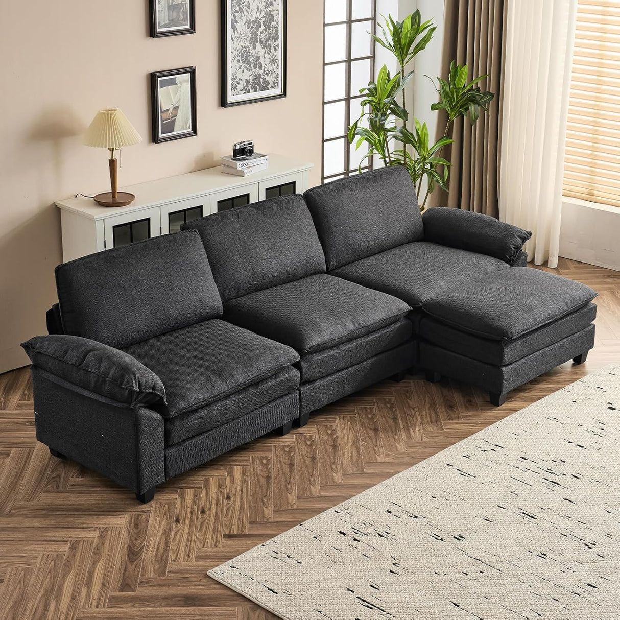 VINGLI 121" Cloud Linen Couch, Comfy Modular Sectional Sofa Set for Living Room,Modern 3-Seat Convertible Loveseat Sofa with 1 Ottoman for Small Space, Black VINGLI