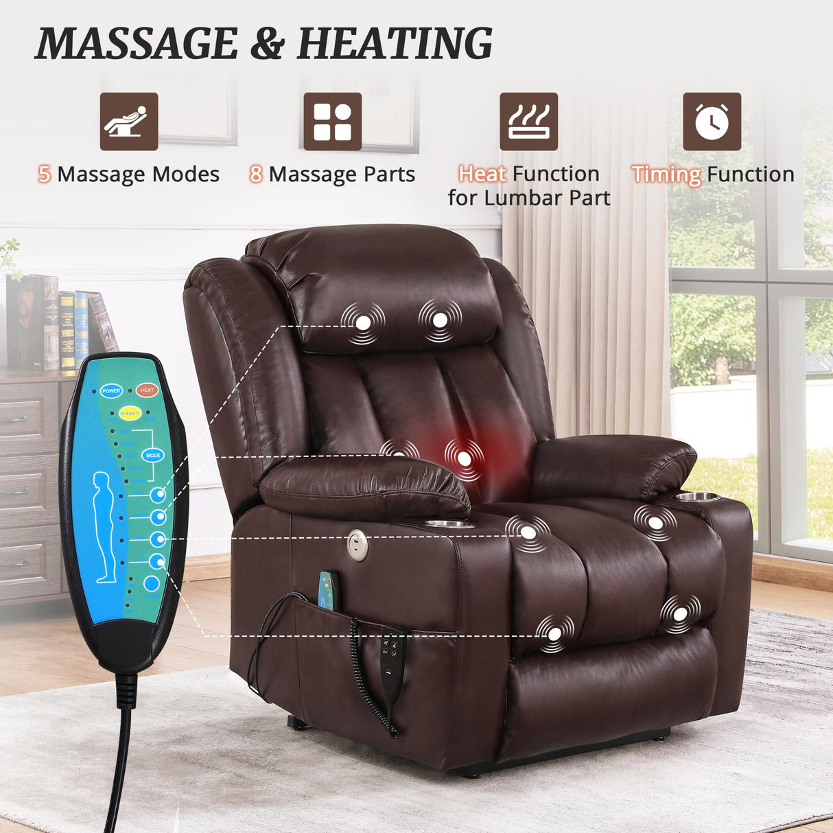 Cozyman Dual Motor Power Lift Recliner Chair for Elderly, Oversized Recliner Chair for Adults, Lift Recliner Chair with Heat and Massage, Infinite Position, USB Ports, Faux Leather, Dark Brown Cozyman