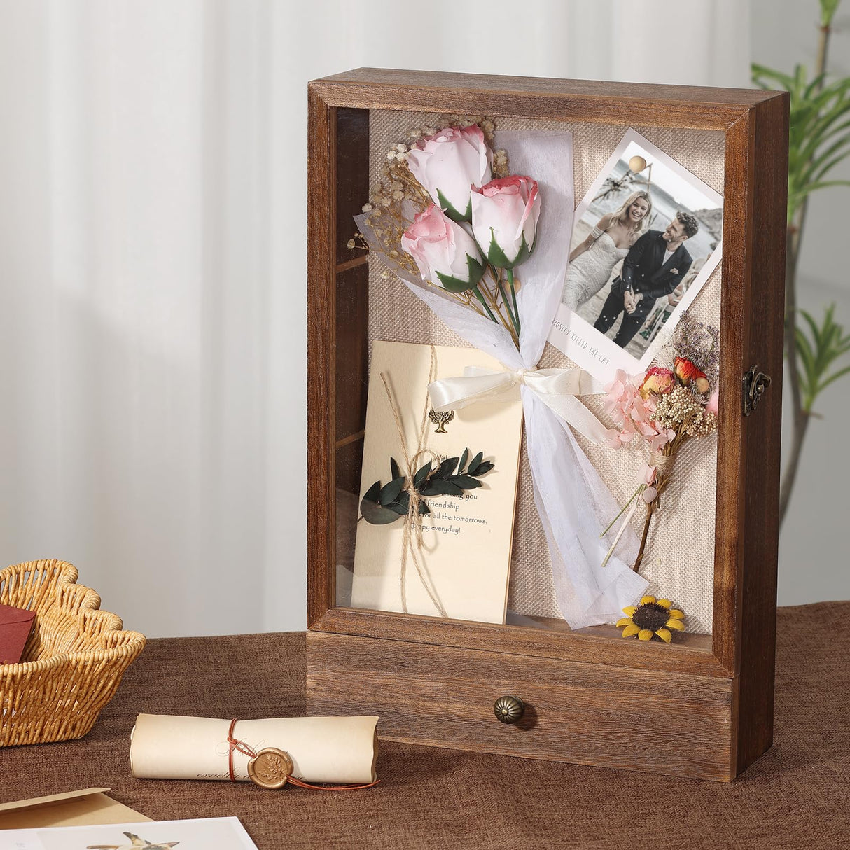 Wishtofly Shadow Box Frame 3 Deep, 11x16 Shadow Boxes Display Cases with Removable Shelves and Drawers, Wooden Memory Frames for Pictures, Flowers, Pet Memorial, Wedding Bouquet, Brown Wishtofly