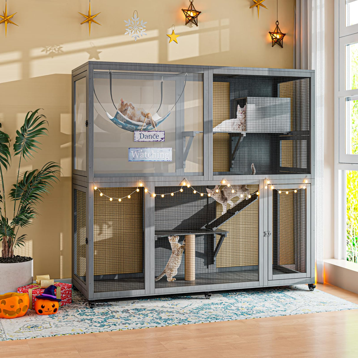 TIMHAKA Large Indoor Catio with Wheels, 4 Tier Cat Enclosures House for Outdoor Sunbathing, 66" Multi-Feature Wooden Kitty Cage for Patio with 4 Access Doors, Gray TIMHAKA