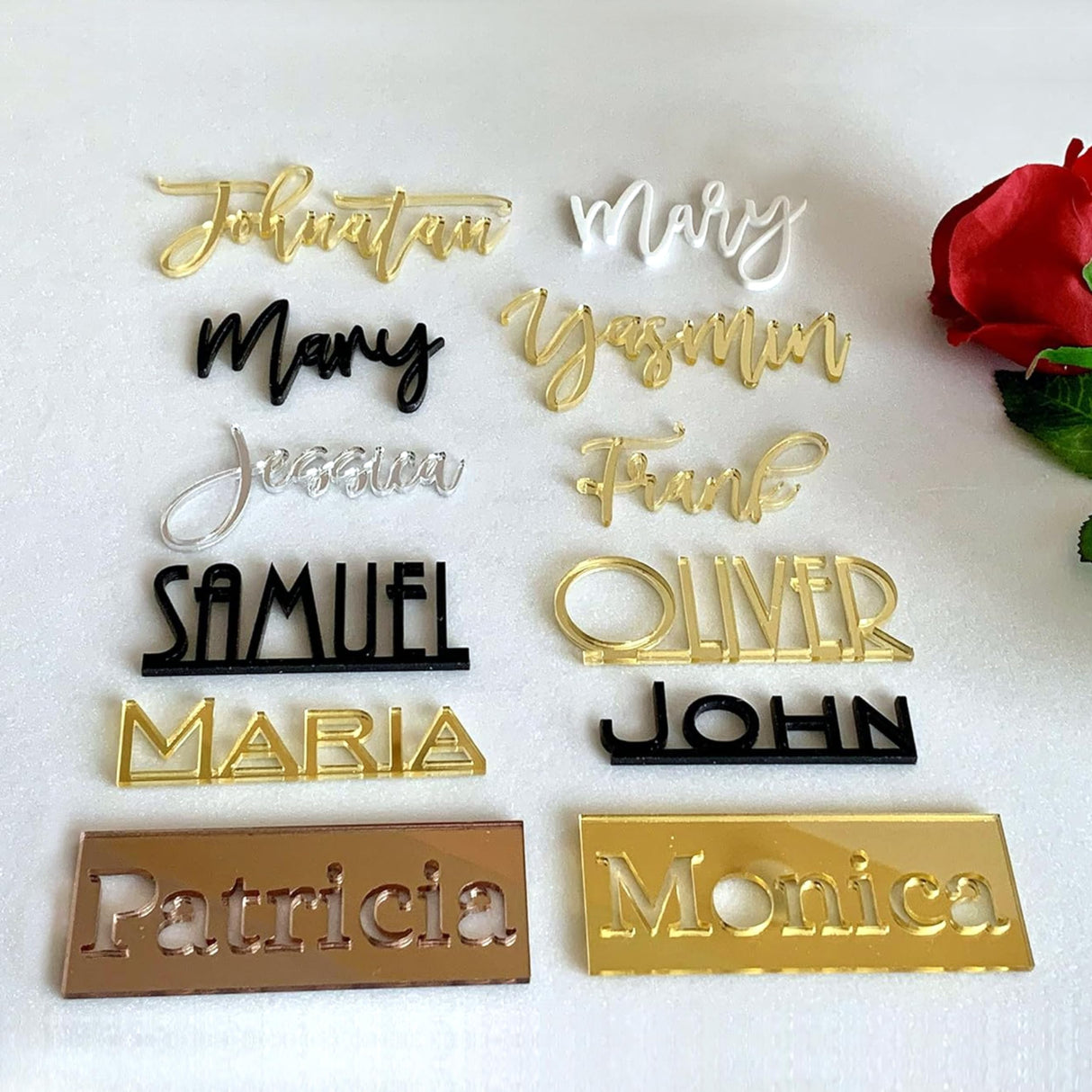 Personalized Wedding Acrylic Place Cards Wooden Laser Cut Names Custom Place Name Settings Guest Names Escort Cards Calligraphy Names Modern New Font Customized Name Plaque Business Card Holders FranJohnsonHouse