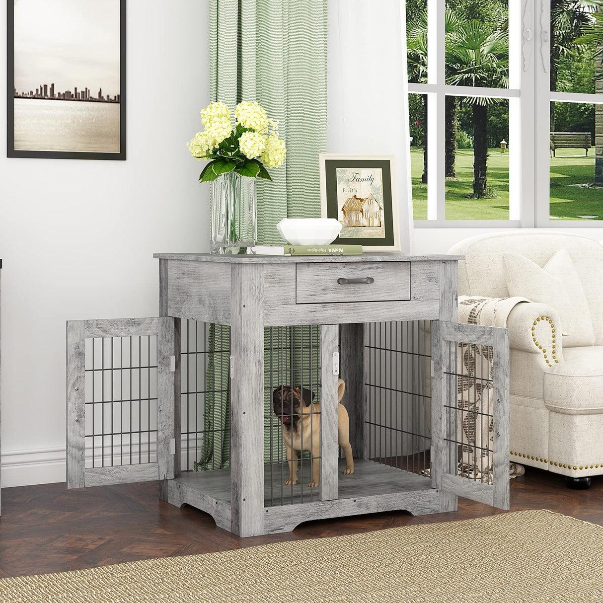 IchbinGo Wooden Furniture Style Dog Crate End Table, Double Doors Dog Kennel with Drawer, Rustic Style Decorative Dog House Cage Indoor Use, Easy Installation 29.92”L x 24.80” W x 30.71”H IchbinGo