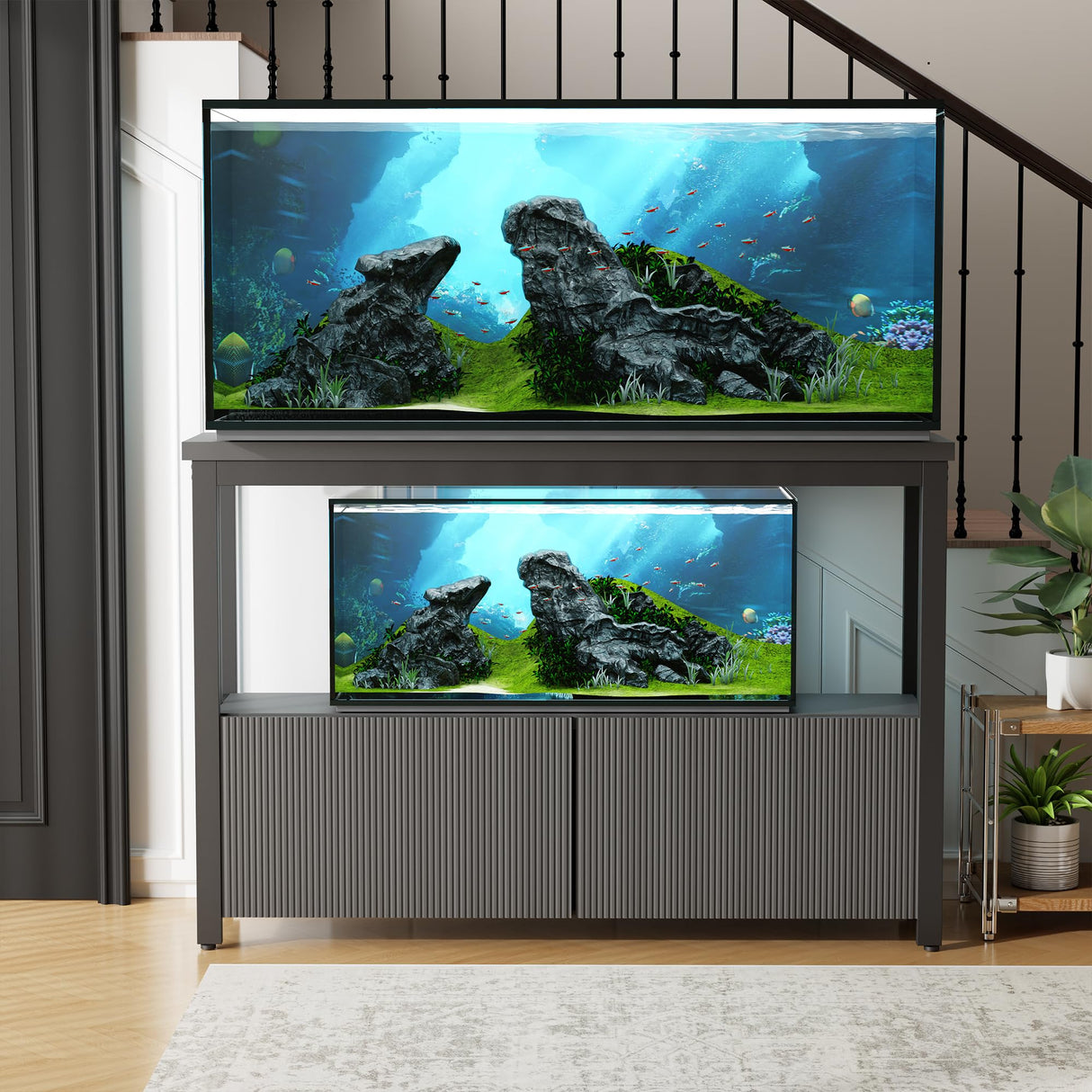 BEWISHOME 55-75 Gallon Fish Tank Stand, Heavy Duty Aquarium Stand with Thickened Metal Frame, Fish Tank Stand with Cabinet for Storage, 51.9" L* 19.9" W Tabletop 1200LBS Capacity Grey KYG04H BEWISHOME