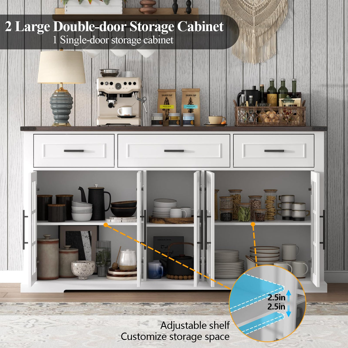 Buffet Cabinet with Storage, 63" Large Sideboard Cabinet with 3 Drawers & 5 Glass Doors, Modern Farmhouse Kitchen Cabinets Buffet Table with Adjustable Shelf, Coffee Bar Cabinets for Living Room Gyfimoie