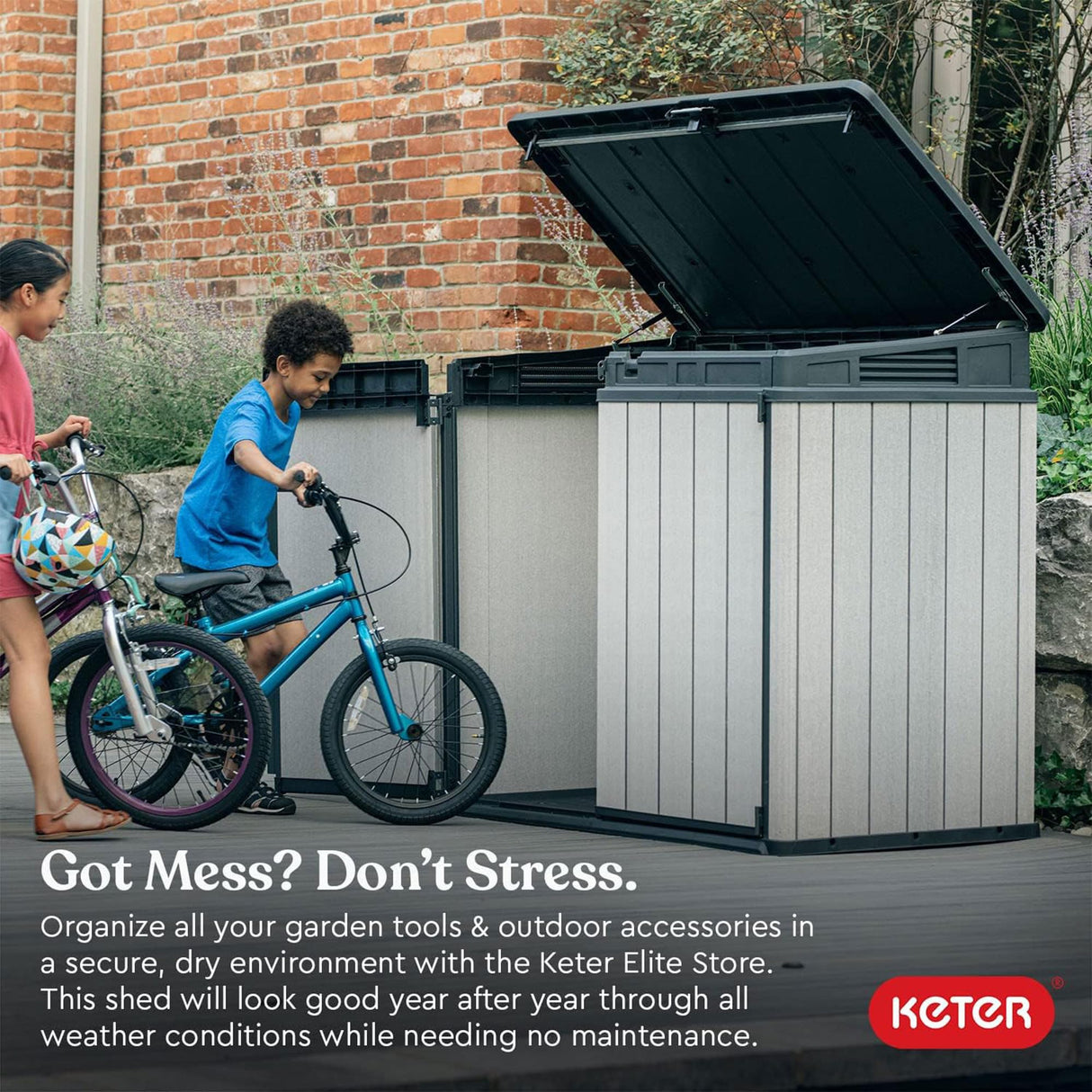 Keter Elite Store Outdoor Storage Shed, 4.6x2.7 Ft, All-Weather, Lockable Doors, Built-in Ventilation, Lid-to-Bin Kit, & Soft Close Mechanism, Grey Keter