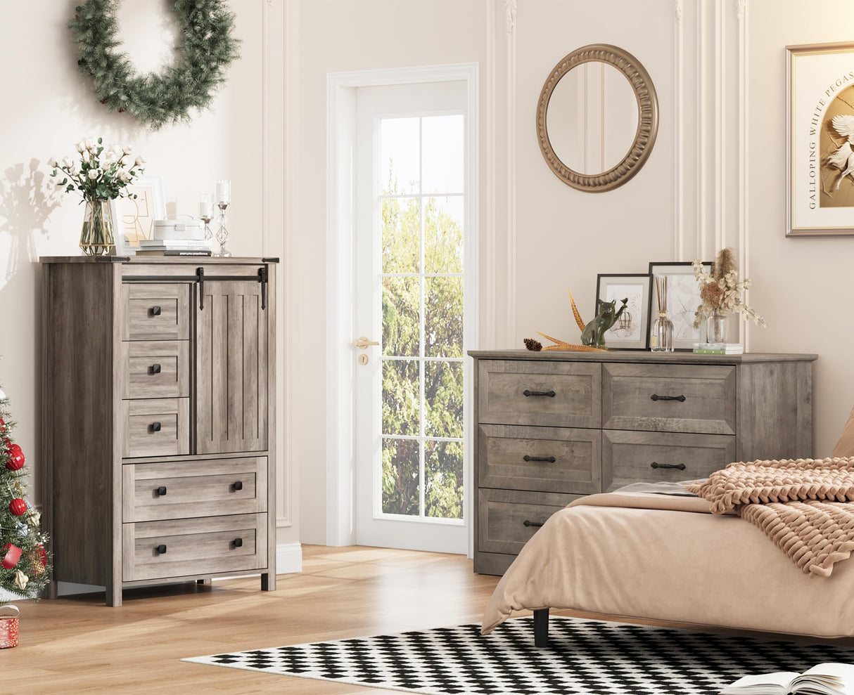IDEALHOUSE Farmhouse 5 Drawer Dresser for Bedroom, 48" Tall Wood Dresser Chest of Drawer with Sliding Barn Door, Adjustable Shelf, Storage Organizer for Bedroom, Hallway, Living Room, Kitchen, Grey IDEALHOUSE