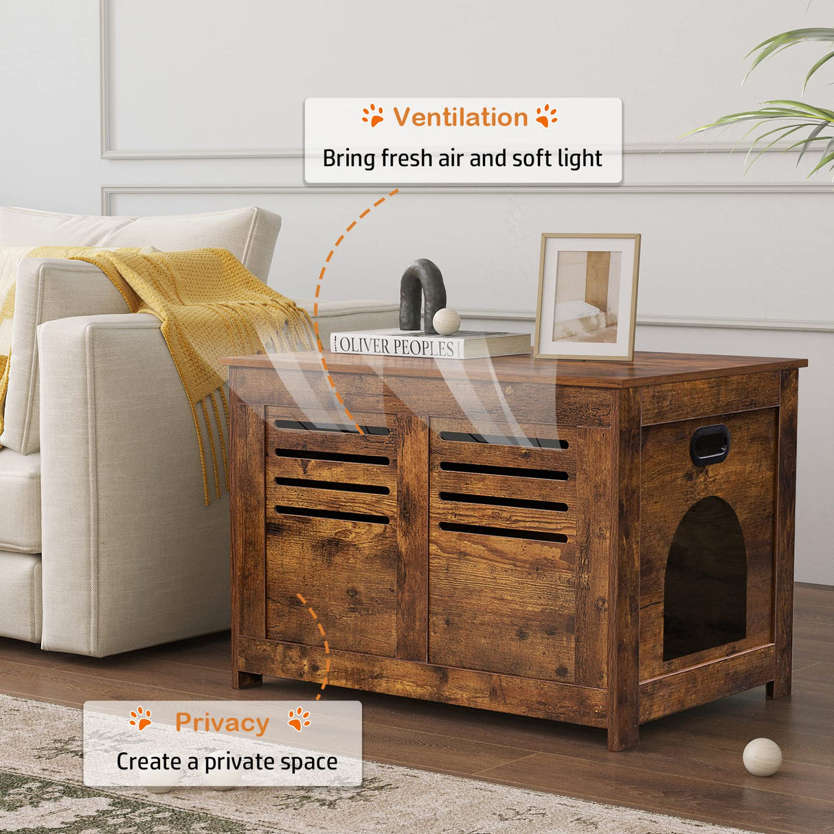 DINZI LVJ Litter Box Furniture, Flip Top Hidden, Washroom with Louvered Window, Entrance Can Be on Left/Right Side, Enclosed Litter House Side Table for Most of Cat and Litter Box, Rustic Brown DINZI LVJ