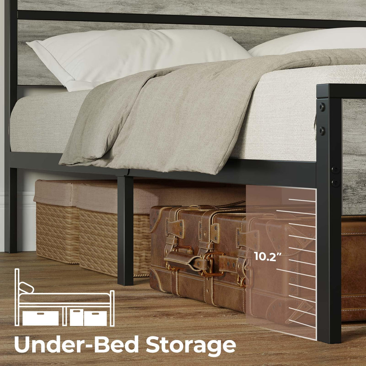 Rolanstar King Bed Frame with Headboard, Bed Frame King with LED Lights, Camas King Size Bed with Charging Station, Solid Metal Slats, Noise Free, No Box Spring Needed, Grey Rolanstar