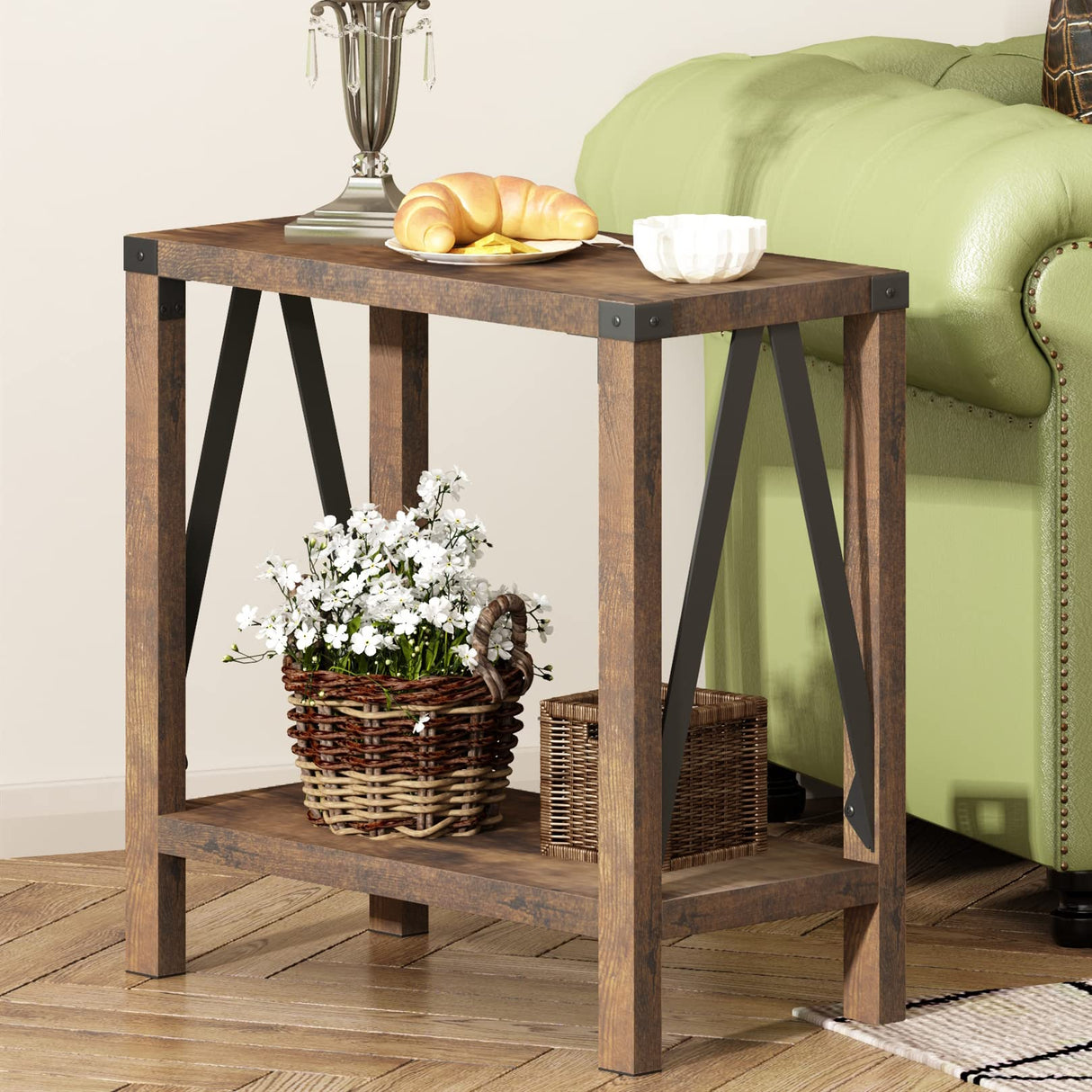 ChooChoo Farmhouse End Table for Small Spaces, Narrow Side End Table with Storage Shelf, Rustic A-Design Nightstand Sofa Table for Living Room, Bedroom (Rustic Brown) 2 Pack ChooChoo