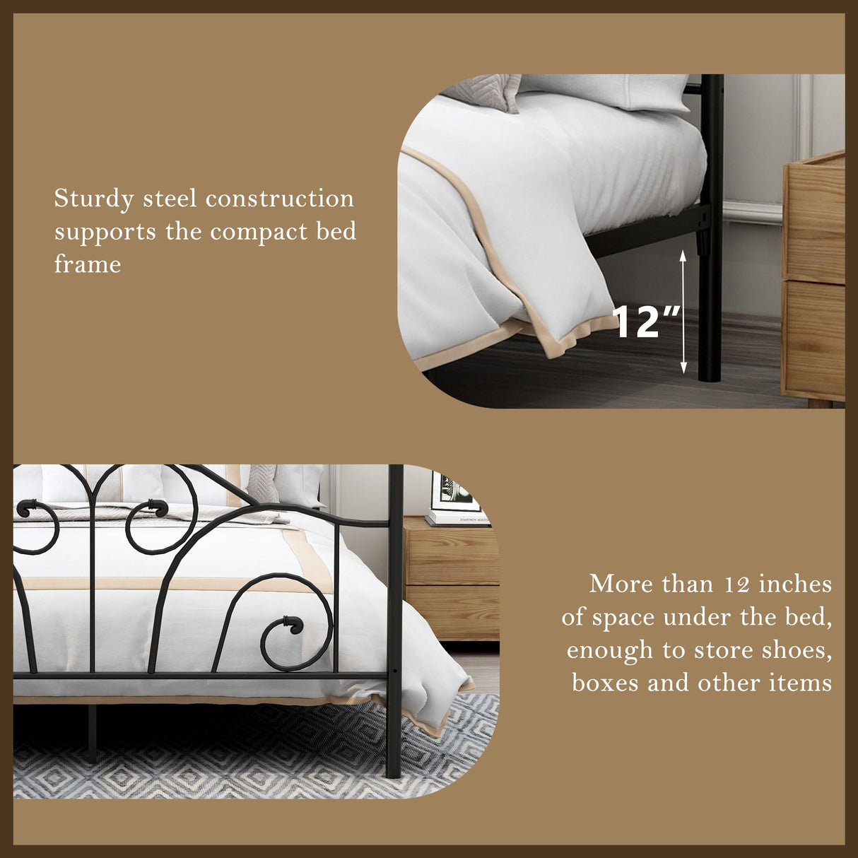 AUFANK Full Size Four-Poster Metal Canopy Bed Frame with Headboard and Footboard Sturdy Slatted Structure No Box Spring Needed Black AUFANK