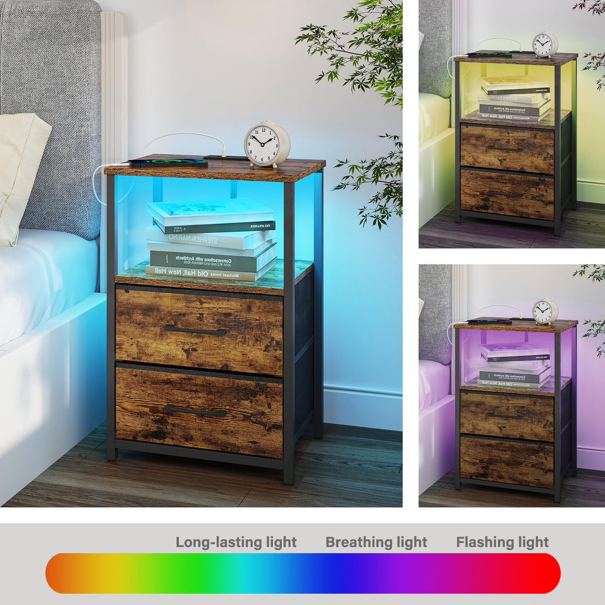 TUTOTAK LED End Table with Charging Station, Nightstand with Cloth Drawer, Side Table with 1 USB Port and 1 Type-C Port, Set of 2, Couch Table, Brown TB01BB052L TUTOTAK